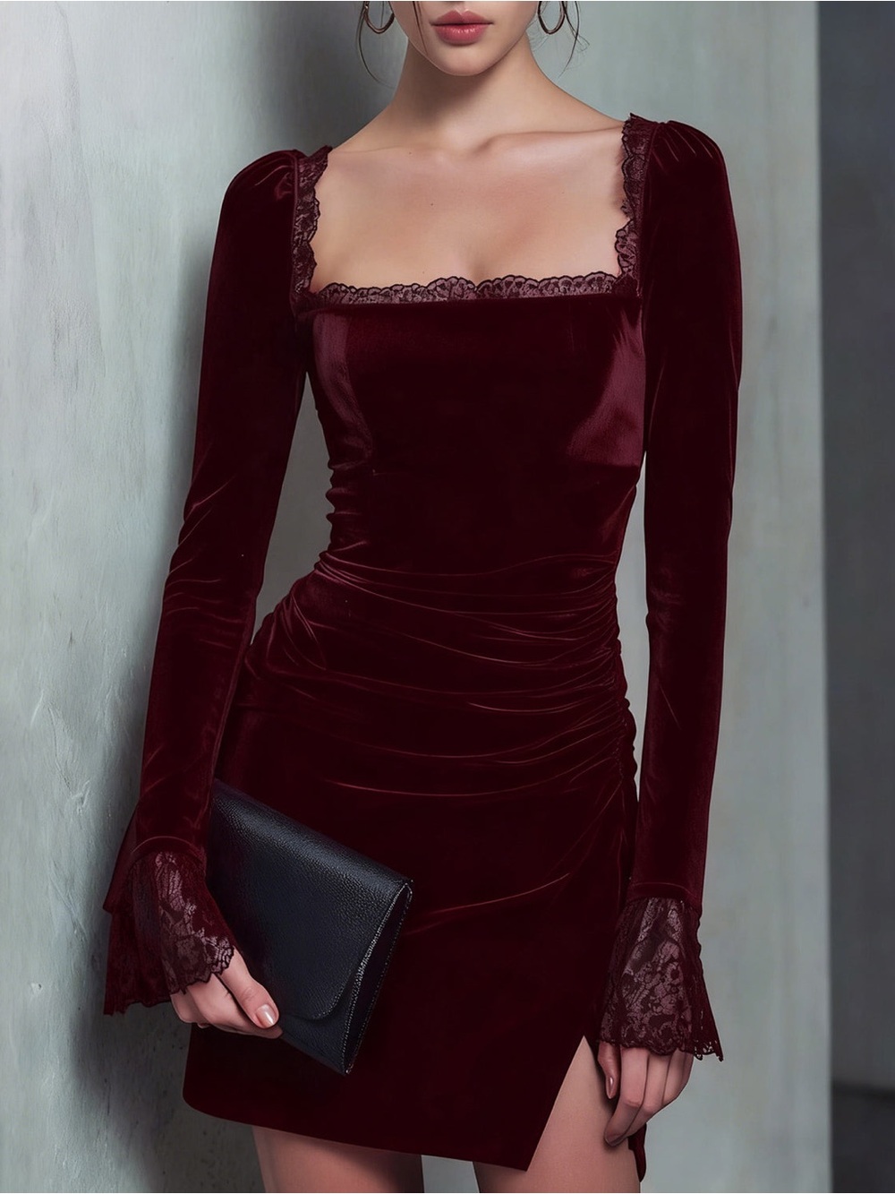 Velvet Mini Dress Lace Trim Wine Burgundy Purple Goth Gothic Victorian Small S